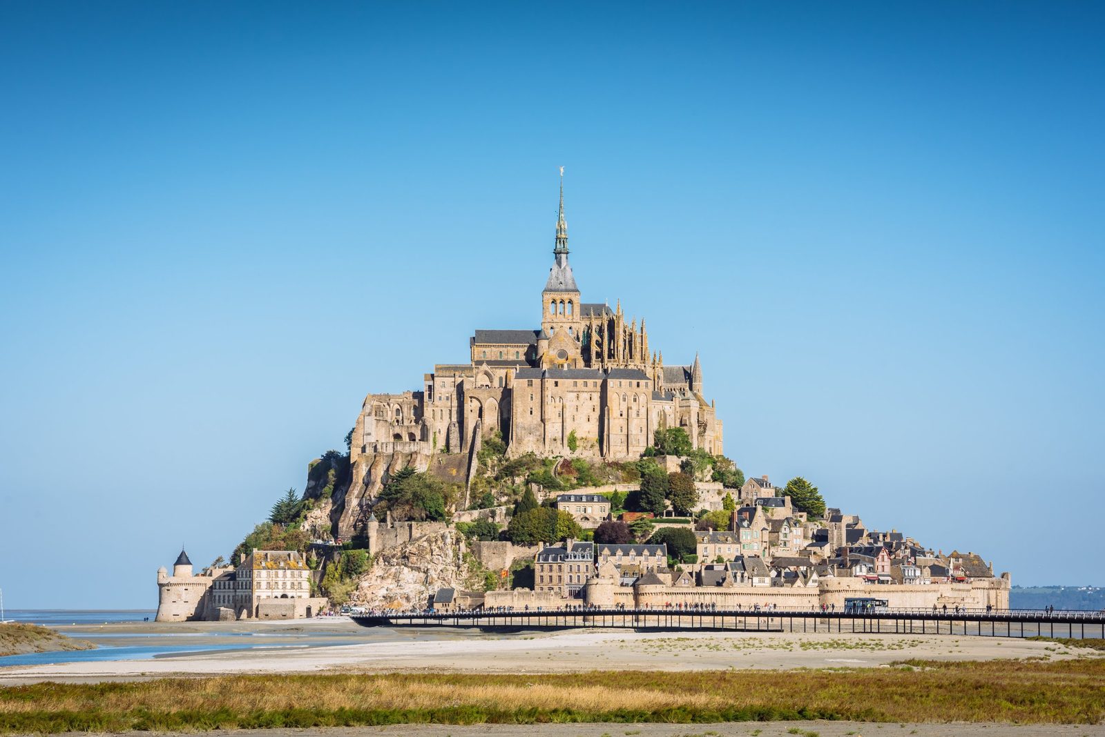 Mont-Saint-Michel abbey rising above the village under a clear blue sky